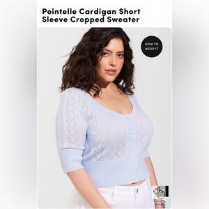 TORRID NWOT Pointelle Cardigan Short Sleeve Cropped Sweater in Light Blue